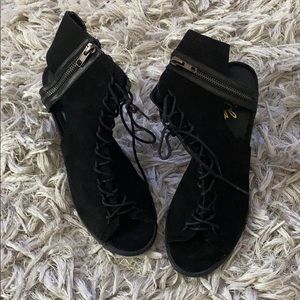 Suede like booty open toe shoes.